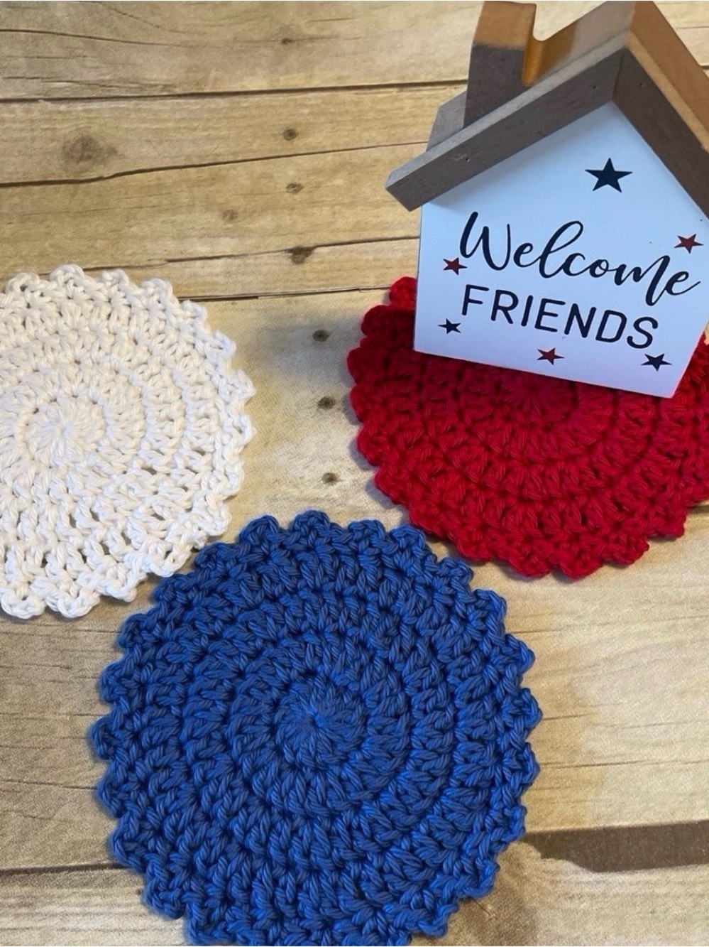 Bundle of Three Red White and Royal Blue Small Doilies 5 1/2 Inches